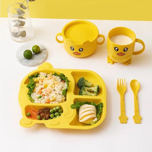 MARG KIT VAISSELLE Pour Bebes & Enfants 7 pièces : 1 assiette avec 4 compatibles, 1 bol avec couvercle, 1 tasse, 1 cuillère et 1 fourchette 1 bavoir, 1 tétine pour les fruits.