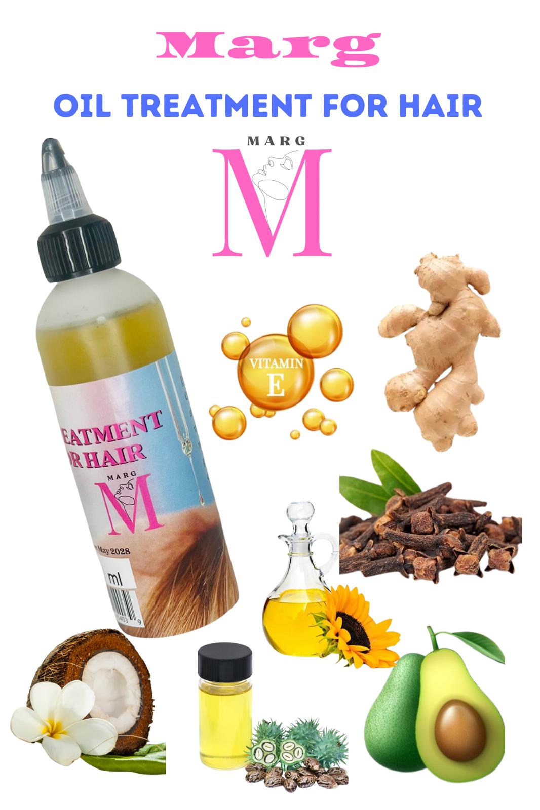 OIL TREATMENT FOR HAIR MARG, l'huile pour la pousse de cheveux , : composé de plusieurs ingredients de ingrédients : noix de coco, ricin, avocat, tournesol, romarin, clous de girofle, ail, cannelle, gingembre vitamine E, flacon de 118 ml.