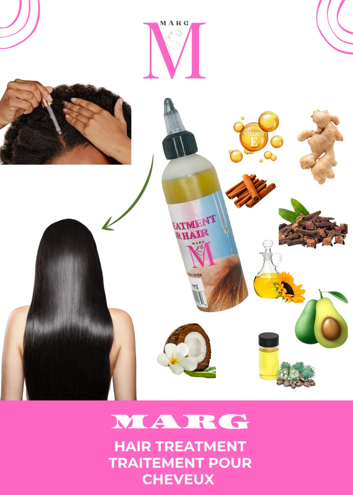 OIL TREATMENT FOR HAIR MARG, l'huile pour la pousse de cheveux , : composé de plusieurs ingredients de ingrédients : noix de coco, ricin, avocat, tournesol, romarin, clous de girofle, ail, cannelle, gingembre vitamine E, flacon de 118 ml.