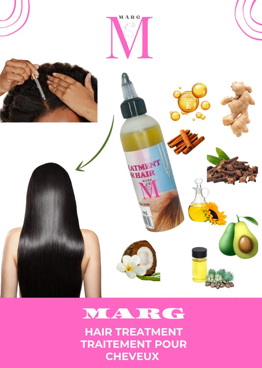 OIL TREATMENT FOR HAIR MARG, l'huile pour la pousse de cheveux , : composé de plusieurs ingredients de ingrédients : noix de coco, ricin, avocat, tournesol, romarin, clous de girofle, ail, cannelle, gingembre vitamine E, flacon de 118 ml.