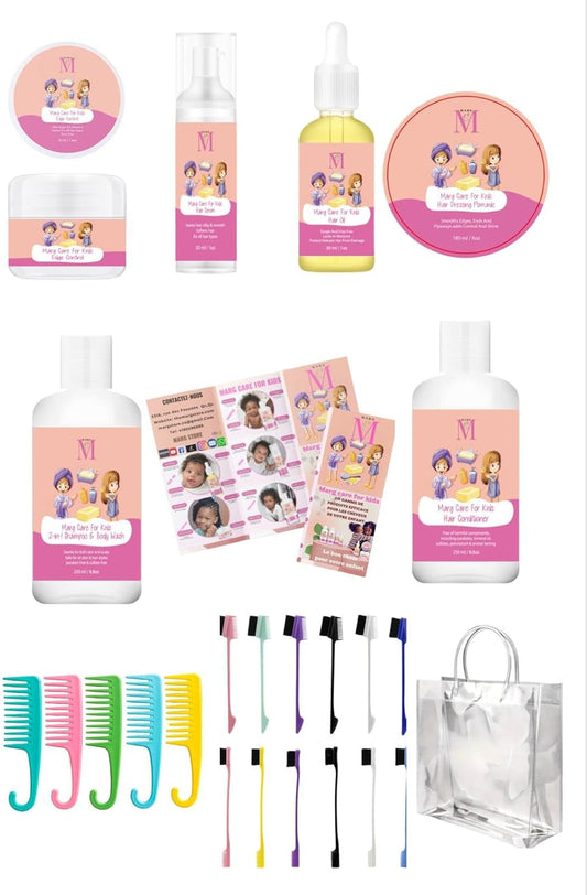 MARG Kit de produits pour cheveux enfants 2 en 1 shampooing & gel douche 250 ml, après-shampooing 250 ml, contrôle des bords 50 ml, sérum 30 ml, huile 30 ml, pommade 180 g, peigne, brosse/peigne